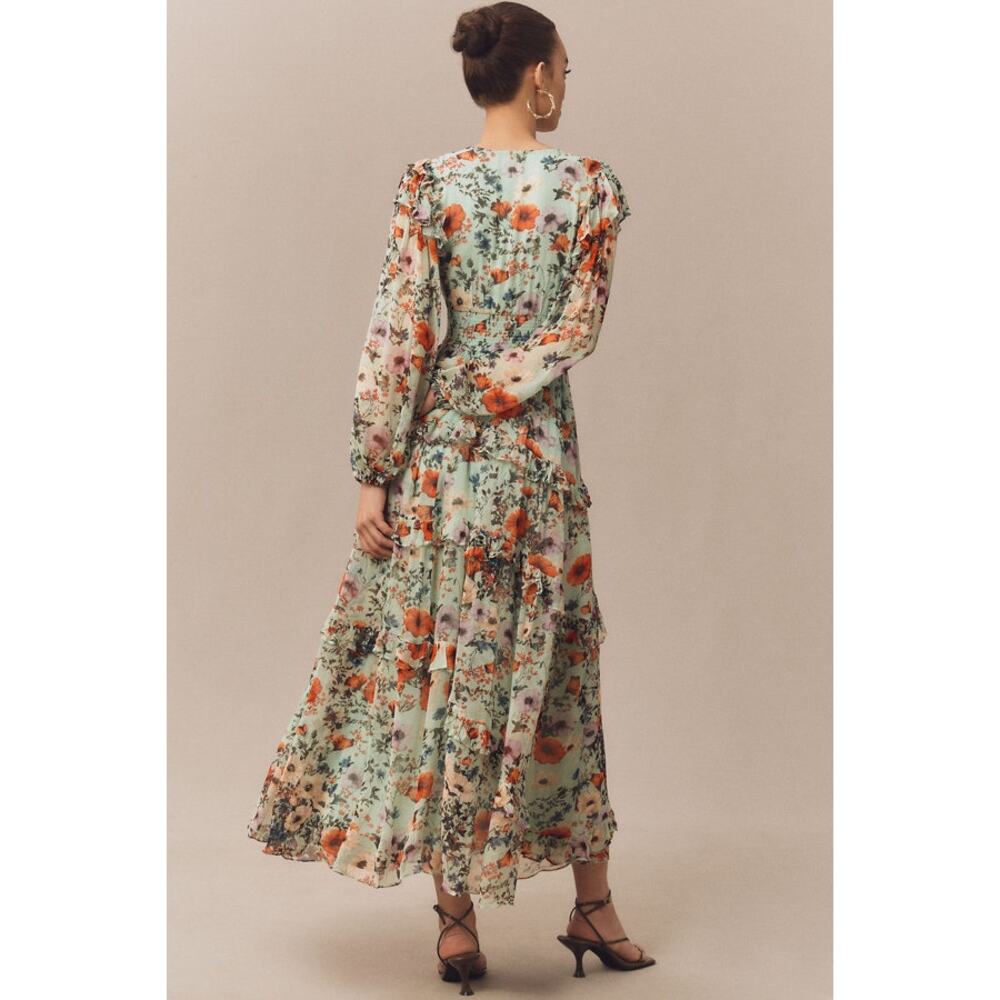 BHLDN Floral Chiffon Plunge Long-Sleeve Ruffle Maxi Dress Size US S - Picture 4 of 12